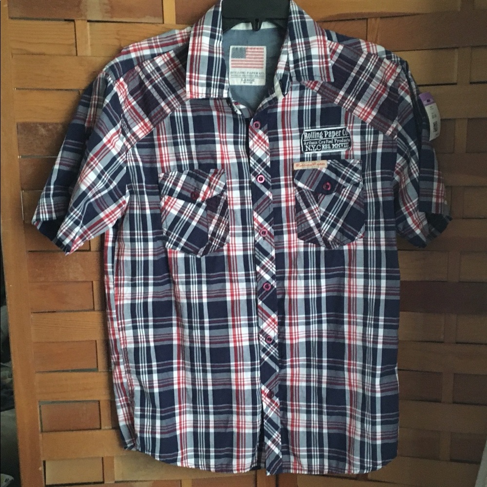 Rolling Paper Mens Large Red,White. & Blue Plaid Short Sleeve Button Down Union